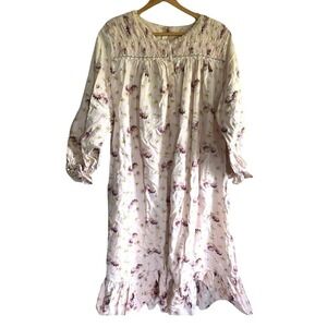 Grandmacore Warm Comfort Flannel Floral Granny Gown 1X Long Sleeve Smocking